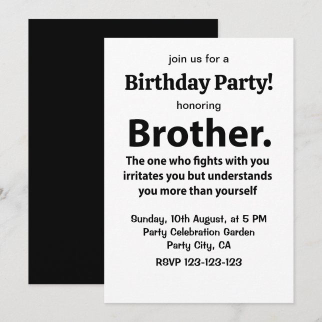 Brother Typography Birthday Party Brother Invitation (Front/Back)