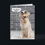 Brother's Birthday Golden Retriever with Mask Card<br><div class="desc">Golden retriever wearing a funny moustache mask on grey brick wall and wood floor with speech bubble for Brother's birthday.
Can be changed for anyone's birthday. Text is editable.</div>