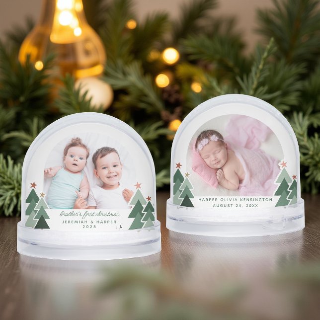 Brothers First Christmas Rustic Trees 2 Photos Snowglobe (Brothers First Christmas Rustic Trees 2 Photos Snow Globe)