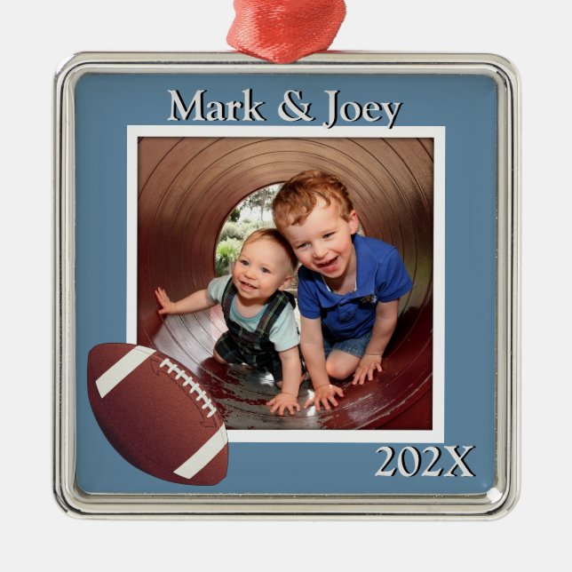 Brothers Football Personalized Photo Christmas Metal Tree Decoration (Front)
