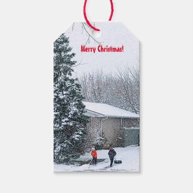 Brothers Shovelling Snow Gift Tags (Front)