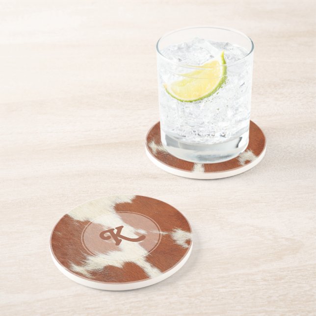 Brow and white realistic look cowhide monogram coaster (Side)