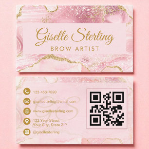 Brow Artist Blush Pink Gold Agate QR Code Business Card