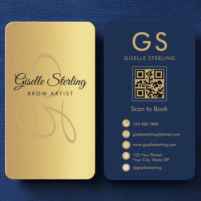 Brow Artist Gold Navy Blue QR Code Monogram  Business Card (Creator Uploaded)