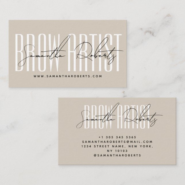 Brow artist modern typography script beige business card (Front/Back)