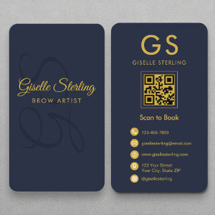 Brow Artist Monogram Navy Blue Gold QR Code Business Card