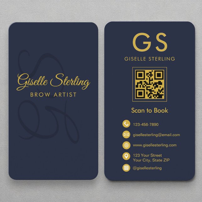 Brow Artist Monogram Navy Blue Gold QR Code Business Card (Creator Uploaded)
