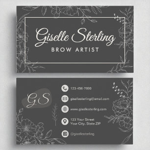 Brow Artist Moody Charcoal Grey Floral Modern Business Card