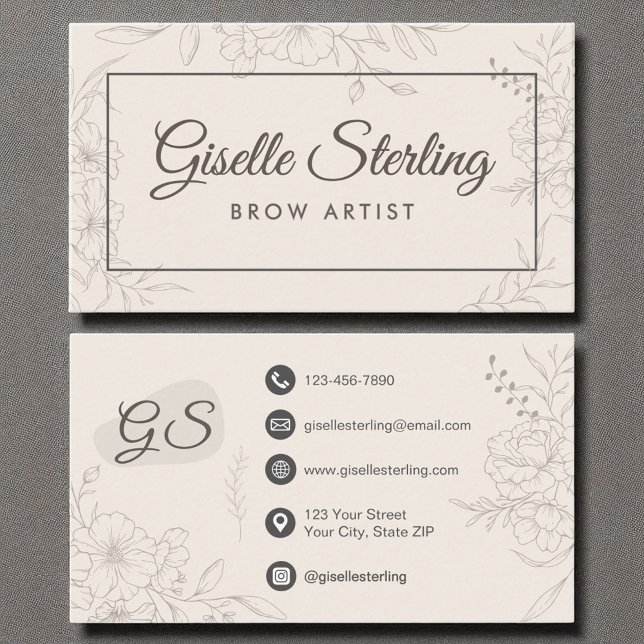 Brow Artist Neutral Ivory Floral Elegant Business Card (Creator Uploaded)