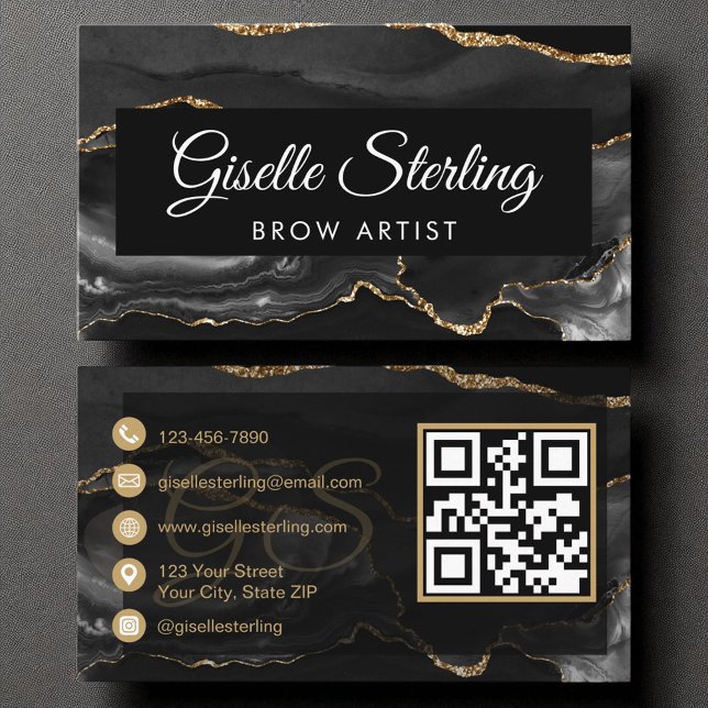 Brow Artist QR Code Black Gold Agate Luxury  Business Card (Creator Uploaded)