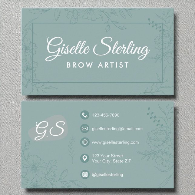 Brow Artist Teal Floral Line Art Modern Script Business Card (Creator Uploaded)
