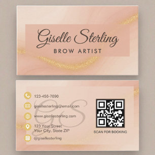 Brow Artist Watercolor Gold Monogram QR Code Business Card