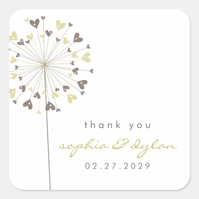 Brow & Cream Dandelion Flower Love Hearts Wedding Square Sticker (Front)