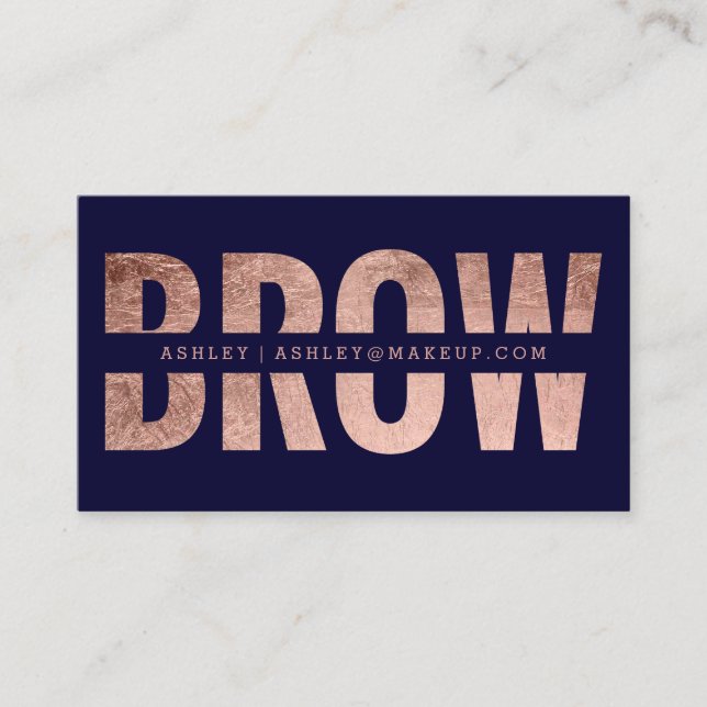 Brow cut out faux rose gold typography navy blue business card (Front)