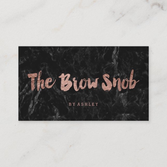 Brow logo faux rose gold typography black marble business card (Front)