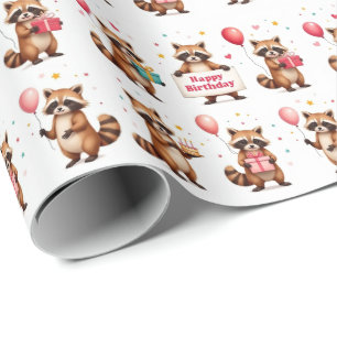 Brow Racoon Birthday Celebration Scene - Birthday Wrapping Paper