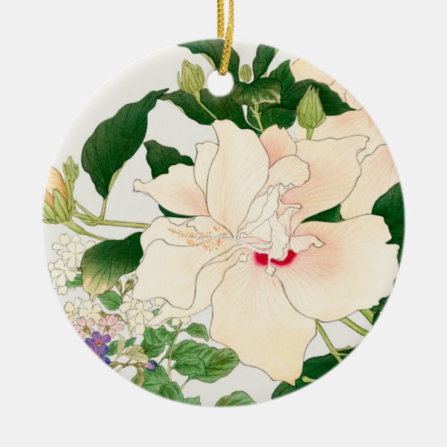 Browallia & Hibiscus Flowers -Japanese woodblock, Ceramic Tree Decoration (Front)