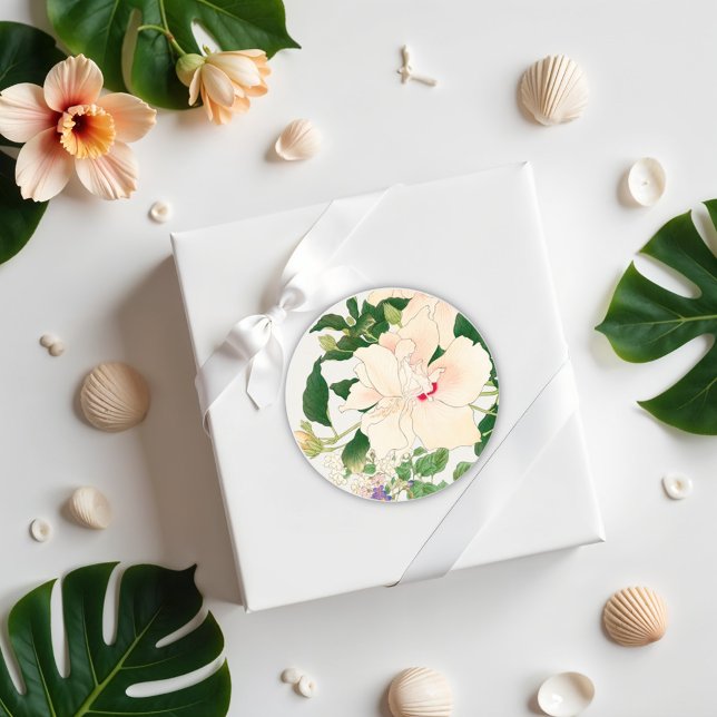 Browallia & Hibiscus Flowers -Japanese woodblock Classic Round Sticker (Creator Uploaded)