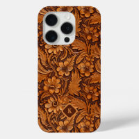 Brown 3-D tooled leather floral pattern monogram