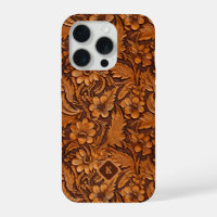 Brown 3-D tooled leather floral pattern monogram