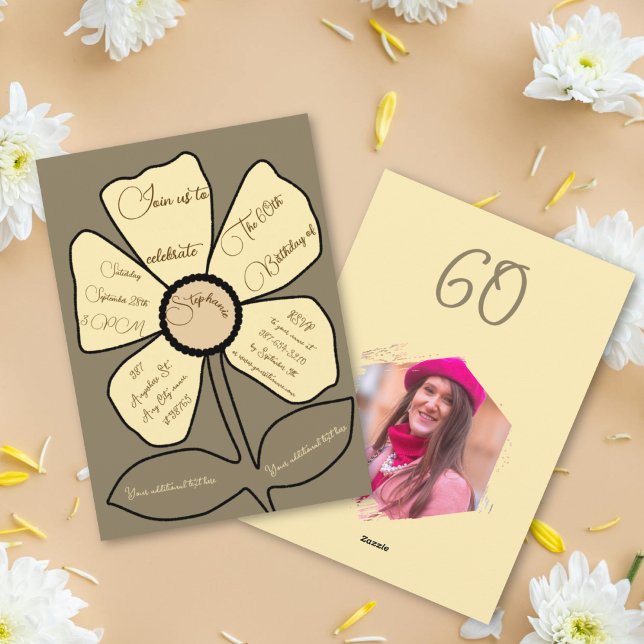 Brown 60th Birthday Simple Doodle Flower Invitation (Creator Uploaded)