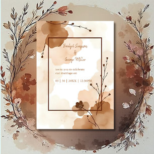 brown abstract boho minimal floral wedding invitation