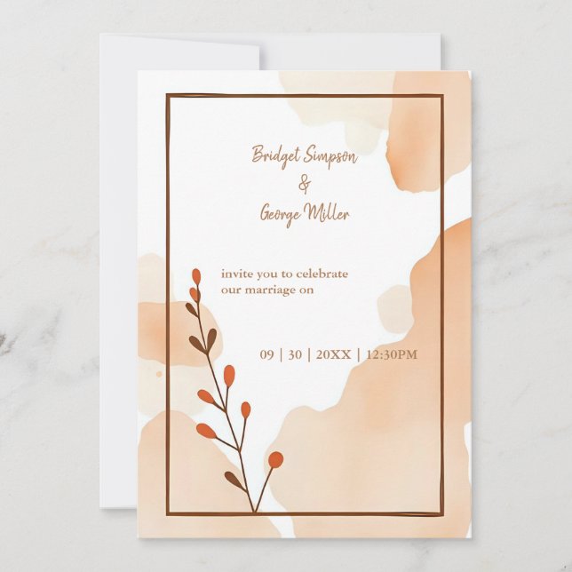 brown abstract boho minimal floral wedding invitation (Front)