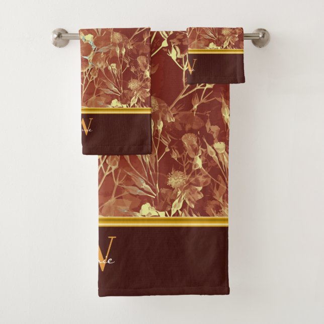 Brown Abstract Cosmos Gold Trim Monogram Bath Towel Set (Insitu)
