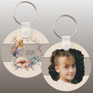 Brown add initial floral photo key ring