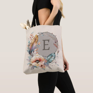 Brown add initial floral tote bag