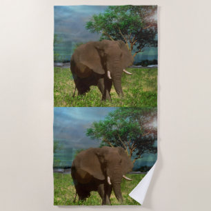 Brown African Elephant Grazing, Beach Towel