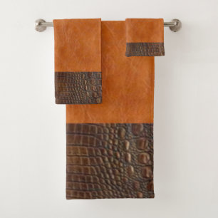 Brown Alligator Hide and Carmel Vintage Leather  Bath Towel Set