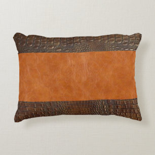 Brown Alligator Hide and Carmel Vintage Leather Decorative Cushion