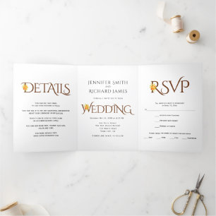 Brown ampersand with orange roses fall wedding Tri-Fold invitation