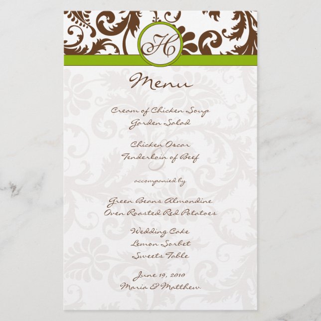 Brown and Apple Green Damask Wedding Menu (Front)