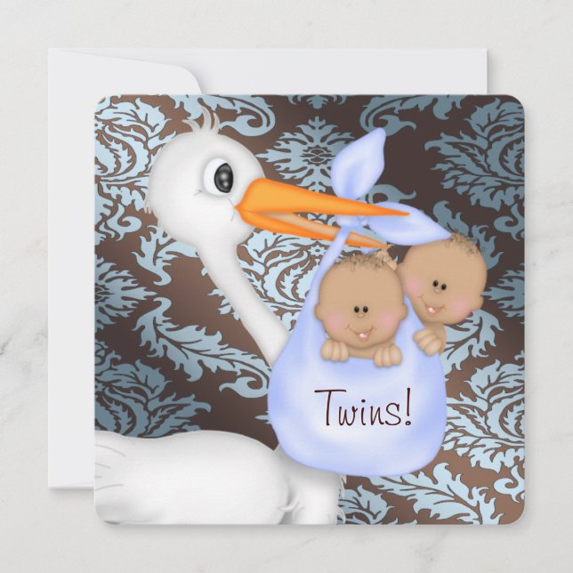 Brown and Baby Blue Damask Twin Baby Shower Invitation (Front)