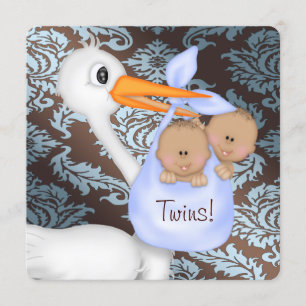 Brown and Baby Blue Damask Twin Baby Shower Invitation