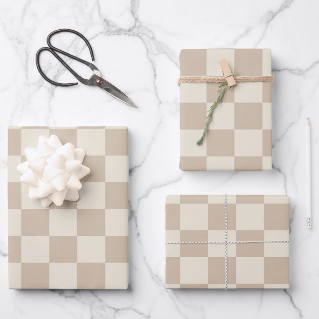 Brown and Beige Chequerboard Wrapping Paper Sheet (Front)