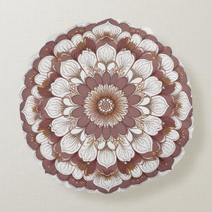 Brown and Beige Floral Mandala Wall Art Print Round Cushion