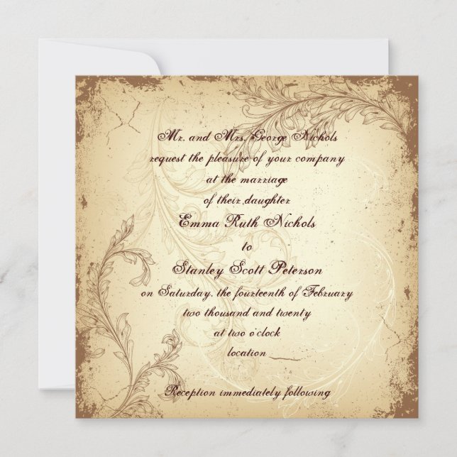 Brown and beige scroll leaf vintage wedding invitation (Front)
