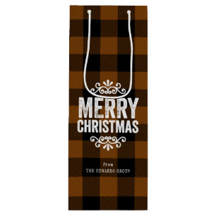 Brown and Black Buffalo Check Rustic Christmas Wine Gift Bag