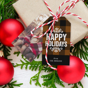 Brown and Black Buffalo Check Rustic Holiday Photo Gift Tags