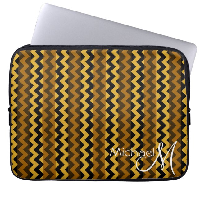 Brown and Black Chevron Zigzag Custom Monogram Laptop Sleeve (Front)
