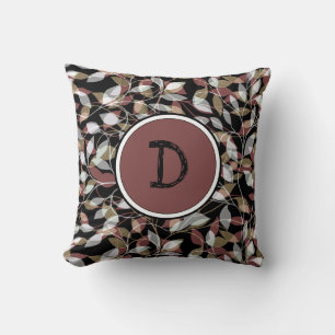 Brown and Black Floral With Custom Monogram Cushion