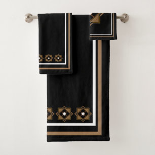 Brown and Black Geometric Pattern Bath Towel Set