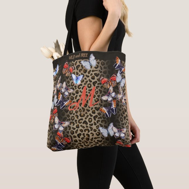 Brown and Black Leopard Butterflies Monogram Tote Bag (Close Up)