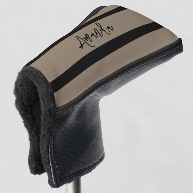 Brown and black stripes pattern personalised golf head cover (3/4 Front)