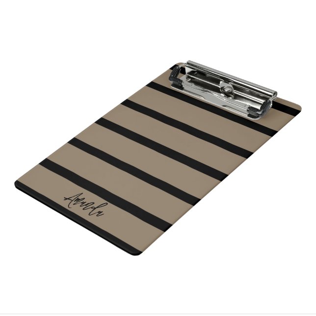 Brown and black stripes pattern personalised mini clipboard (Angled3)