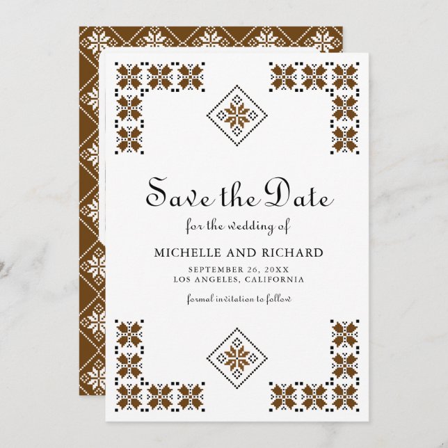 Brown and Black Ukrainian Embroidery Wedding Save The Date (Front/Back)