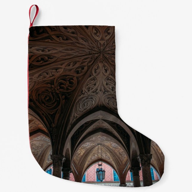 Brown and black wooden building interior small christmas stocking (Front)